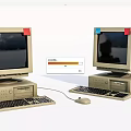 Old Desktop Computers with CRT Monitors Keyboards Mice and Red Blue Stickers on Screens
