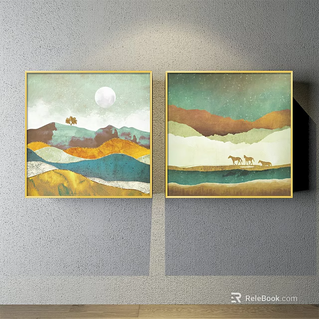Landscape Paintings With Moon Mountains Camel River And Deer On Wall 3d model