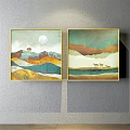 Landscape Paintings With Moon Mountains Camel River And Deer On Wall 3d model