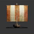 Ancient Water Vessel With Orange White Sail Wooden Oars And Dragon Head On Blue Water