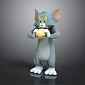 Gray Cat Cartoon Character With Pink Ears Standing And Holding Hamburger