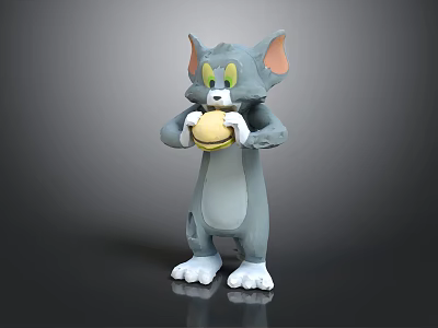 Gray Cat Cartoon Character With Pink Ears Standing And Holding Hamburger 3d model