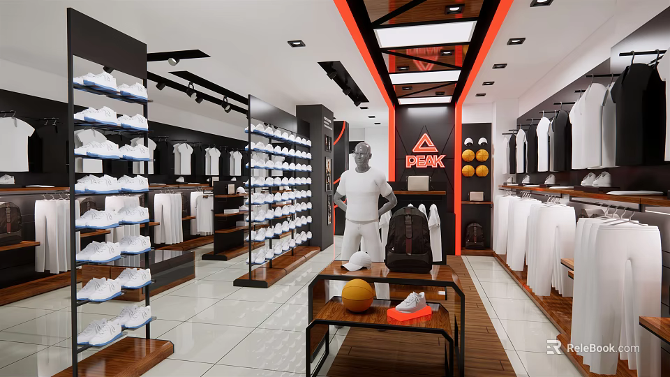 Modern Clothing Store Interior With Shoe Racks White T-shirts Mannequin And Backpack 3d model 