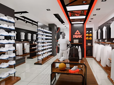 Modern Clothing Store Interior With Shoe Racks White T-shirts Mannequin And Backpack 3d model