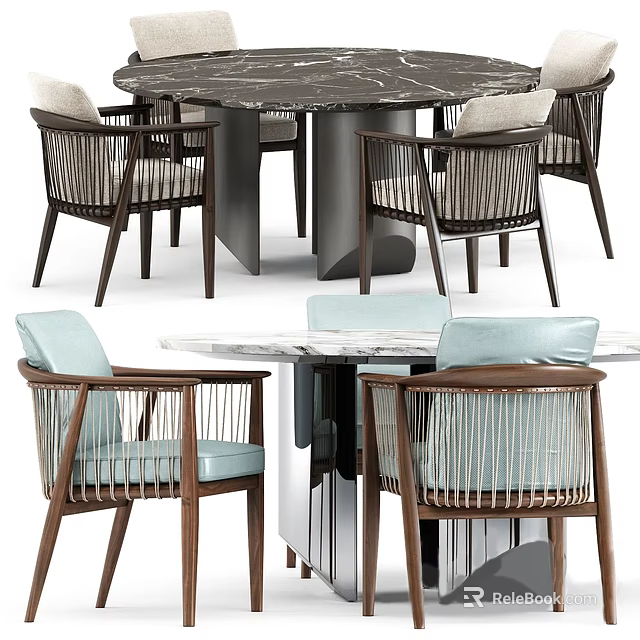 Modern Dining Table Set With Marble Top And Woven Back Wooden Chairs 3d model 