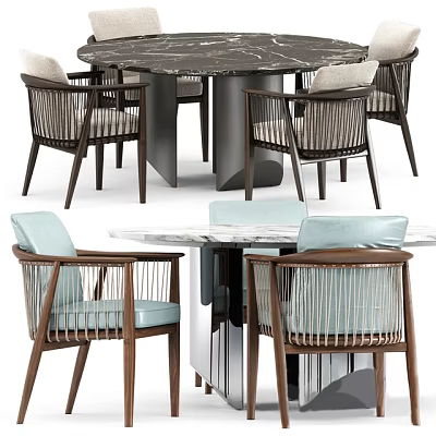 Modern Dining Table Set With Marble Top And Woven Back Wooden Chairs 3d model