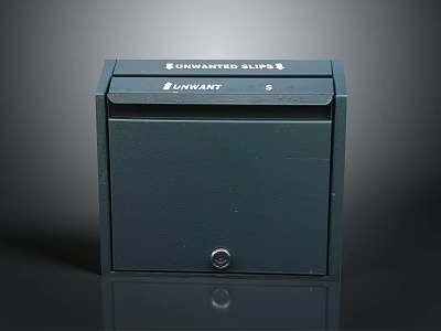 Dark Blue Mailbox With Unwanted Supplies Text And Secure Lock Design 3d model