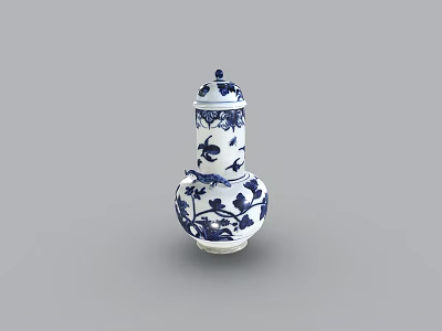 Blue and White Gourd Shaped Ceramic Vase with Floral and Bird Patterns and Lid 3d model