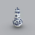 Blue and White Gourd Shaped Ceramic Vase with Floral and Bird Patterns and Lid