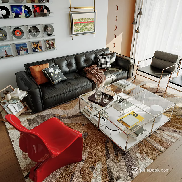 Black Leather Sofa and Transparent Glass Coffee Table Set with Throw Pillows Magazines Red Chair 3d model 