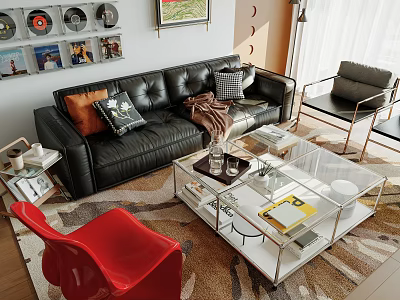 Black Leather Sofa and Transparent Glass Coffee Table Set with Throw Pillows Magazines Red Chair 3d model