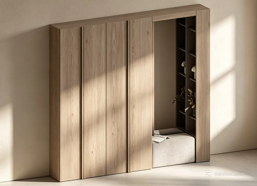 Modern Wooden Entryway Side Cabinet With Cabinet Doors Open Shelves Upholstered Seat And Natural Light 3d model 