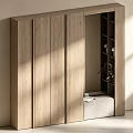 Modern Wooden Entryway Side Cabinet With Cabinet Doors Open Shelves Upholstered Seat And Natural Light
