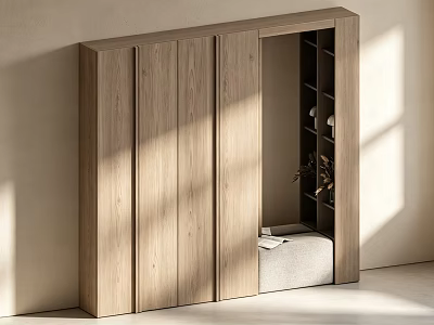 Modern Wooden Entryway Side Cabinet With Cabinet Doors Open Shelves Upholstered Seat And Natural Light 3d model