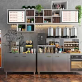 Functional Table In Modern Kitchen With Stainless Steel Cabinets Appliances Plants And Menu Boards