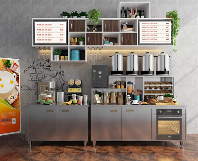 Functional Table In Modern Kitchen With Stainless Steel Cabinets Appliances Plants And Menu Boards 3d model
