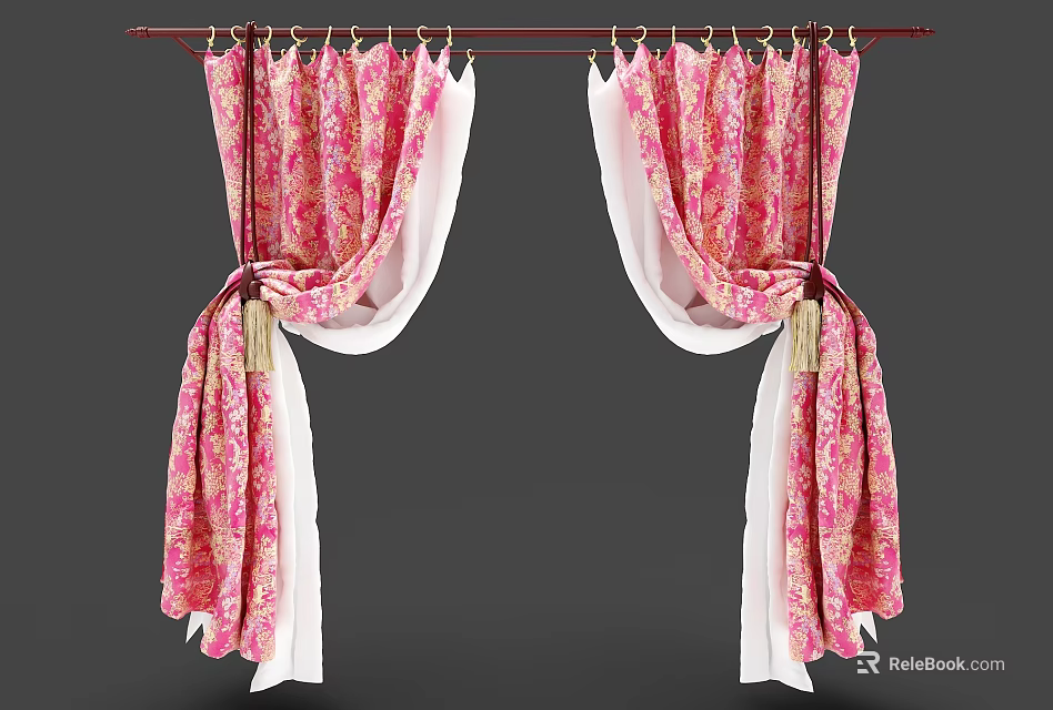 Pink and White Floral Pattern Curtains with Tassel Details on Rod 3d model 