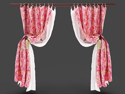 Pink and White Floral Pattern Curtains with Tassel Details on Rod 3d model
