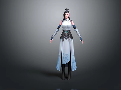 3D Fantasy Female Character In White Blue Traditional Costume With Long Black Hair And Sleeves 3d model