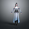 3D Fantasy Female Character In White Blue Traditional Costume With Long Black Hair And Sleeves 3d model
