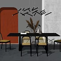 Modern Dining Table Set With Woven Back Chairs And Geometric Pendant Lights 3d model