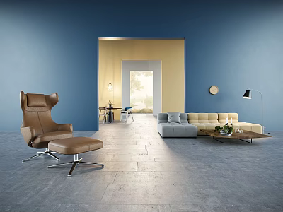 Modern Sofa and Coffee Table Set with Blue Walls Yellow Accent and Natural Light 3d model