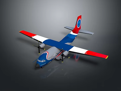 Modern Blue Red White Passenger Aircraft With Twin Propeller Wings And Circular Tail Logo 3d model