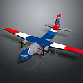 Modern Blue Red White Passenger Aircraft With Twin Propeller Wings And Circular Tail Logo