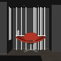 Modern Red Accent Chair Featuring Curved Design Metal Base And Vertical Slat Wall Panel