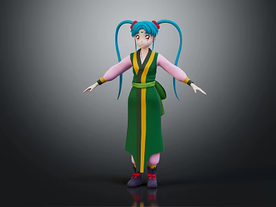 3D Anime Character With Blue Twin Ponytails Green Robe Yellow Stripes And Pink Sleeves 3d model