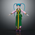 3D Anime Character With Blue Twin Ponytails Green Robe Yellow Stripes And Pink Sleeves