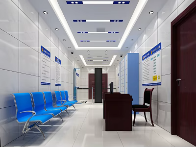 Modern Waiting Area Interior With Blue Chairs White Walls Signboards And Desk 3d model