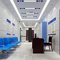 Modern Waiting Area Interior With Blue Chairs White Walls Signboards And Desk