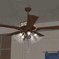 Ceiling Fan with Wooden Blades Decorative Lampshades and Crystal Decorations in Indoor Space