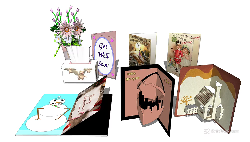 Decorative Ornament Set With 3D Pop Up Greeting Cards And Flower Bouquet In Vase 3d model 