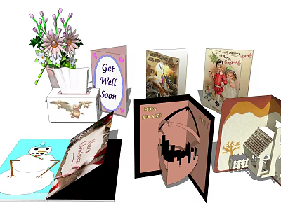 Decorative Ornament Set With 3D Pop Up Greeting Cards And Flower Bouquet In Vase 3d model