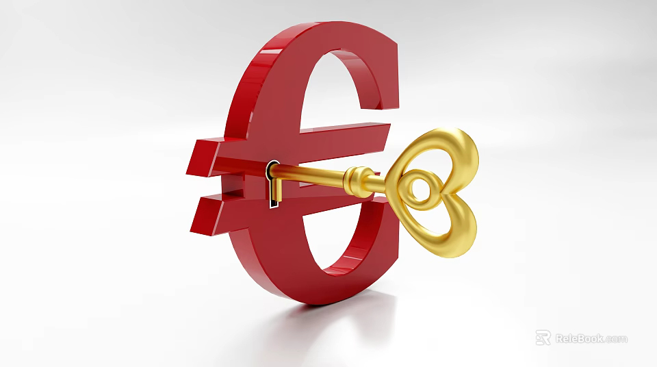 3D Red Euro Symbol With Golden Heart Shaped Key Inserted Design 3d model 