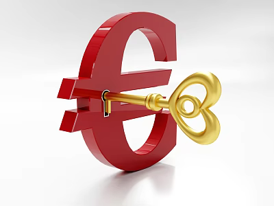 3D Red Euro Symbol With Golden Heart Shaped Key Inserted Design 3d model