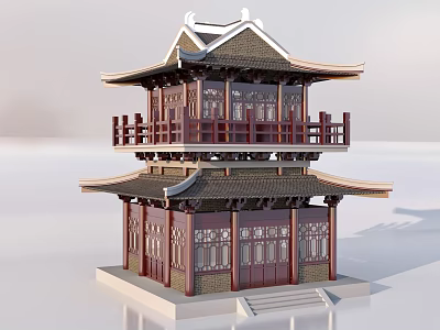 Ancient Chinese Architecture Two Story Structure With Traditional Roof Wooden Windows Balustrades And Steps 3d model