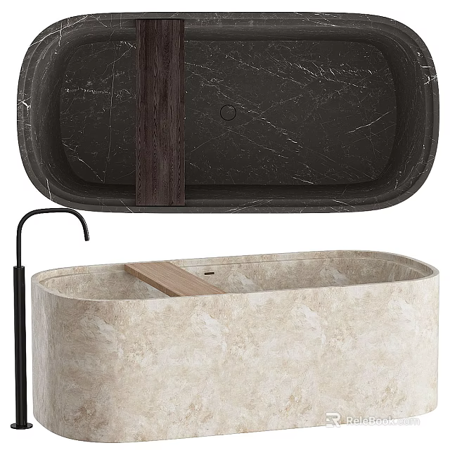 Luxury Beige Marble Freestanding Bathtub With Black Faucet And Wooden Shelf 3d model 