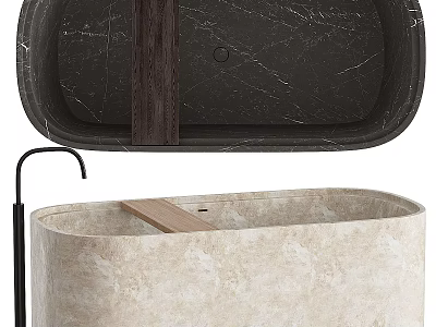 Luxury Beige Marble Freestanding Bathtub With Black Faucet And Wooden Shelf 3d model