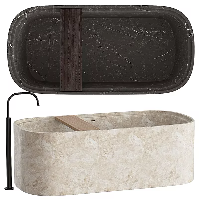 Luxury Beige Marble Freestanding Bathtub With Black Faucet And Wooden Shelf 3d model