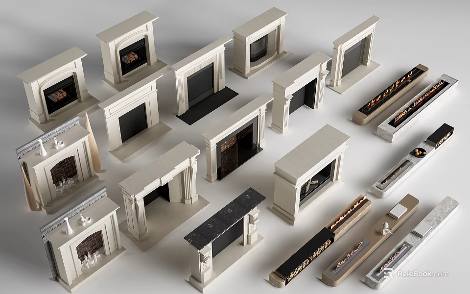 Various Fireplace Models In Different Styles For Home Interior Design 3d model