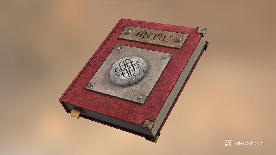 Vintage Red Cover Leather Bound Book With Metal Plaque And ANTIC Word Design 3d model 