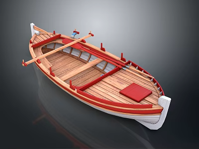 Wooden Boat With Wooden Structure Red Accents Oars And Red Cushion On Seats 3d model