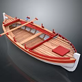 Wooden Boat With Wooden Structure Red Accents Oars And Red Cushion On Seats