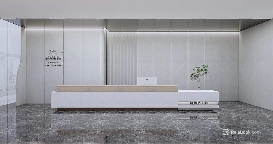 Modern Minimalist Reception Area with White Wooden Desk Light Wall Marble Floor and Green Plant 3d model 