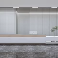 Modern Minimalist Reception Area with White Wooden Desk Light Wall Marble Floor and Green Plant