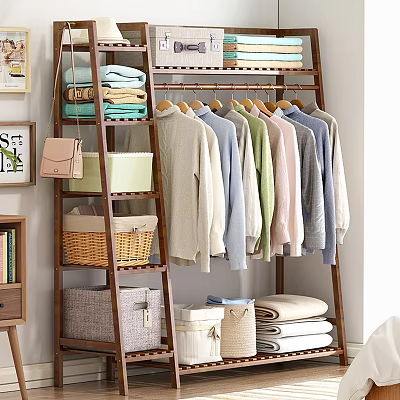 Wooden Clothes Rack With Hanging Clothes Storage Baskets And Folded Garments 3d model