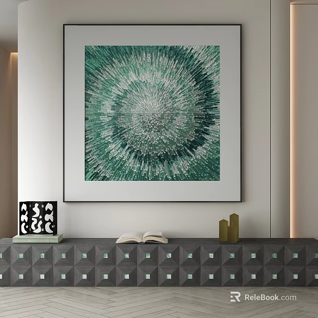 Green And White Circular Abstract Painting Hanging On Wall With Geometric Cabinet And Decor Items 3d model 
